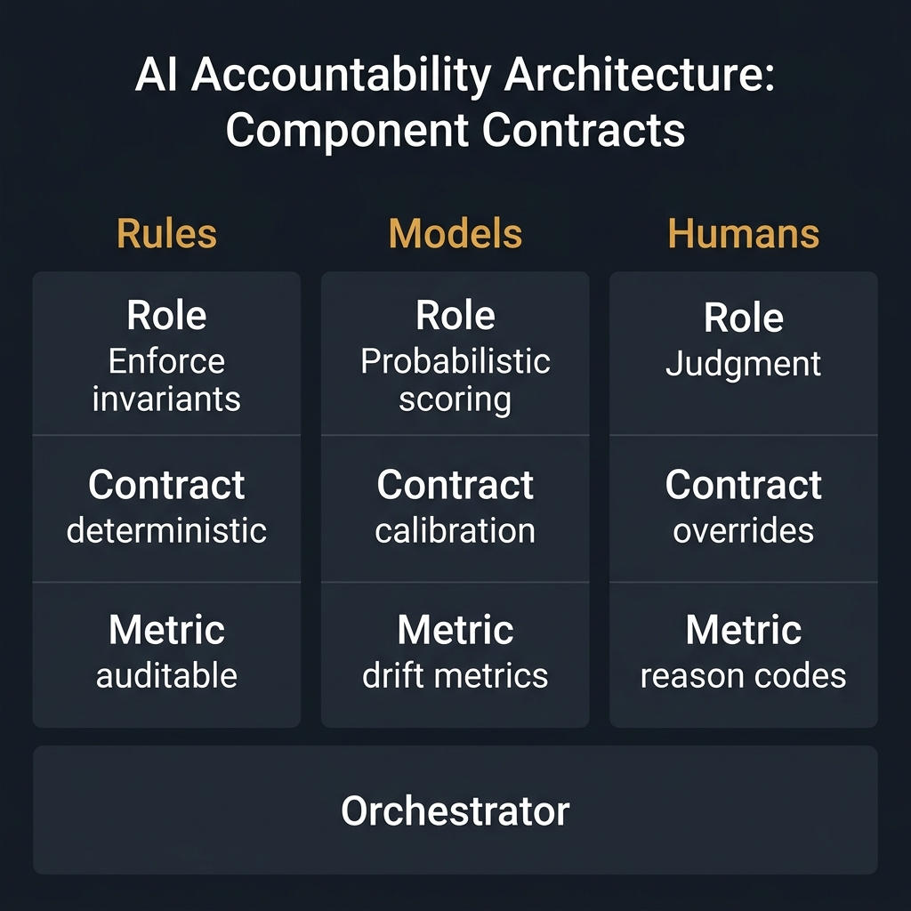 AI Accountability Architecture Overview: A structural diagram showing how rules, models, and humans each carry explicit contracts and metrics in a composite AI system