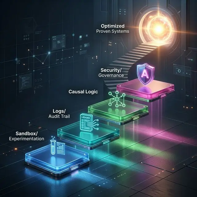 The Governance Ladder: A 3D architectural visualization showing the ascent from fragmented pilots to an integrated Architecture of Proof