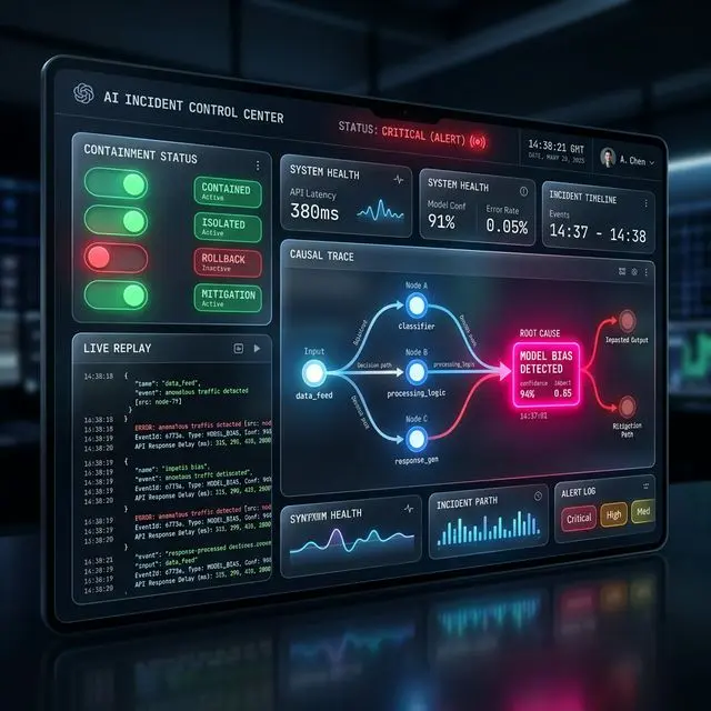 AI Incident Dashboard: A premium UI mockup showing containment status, replay progress, and the 4-minute causal trace readout