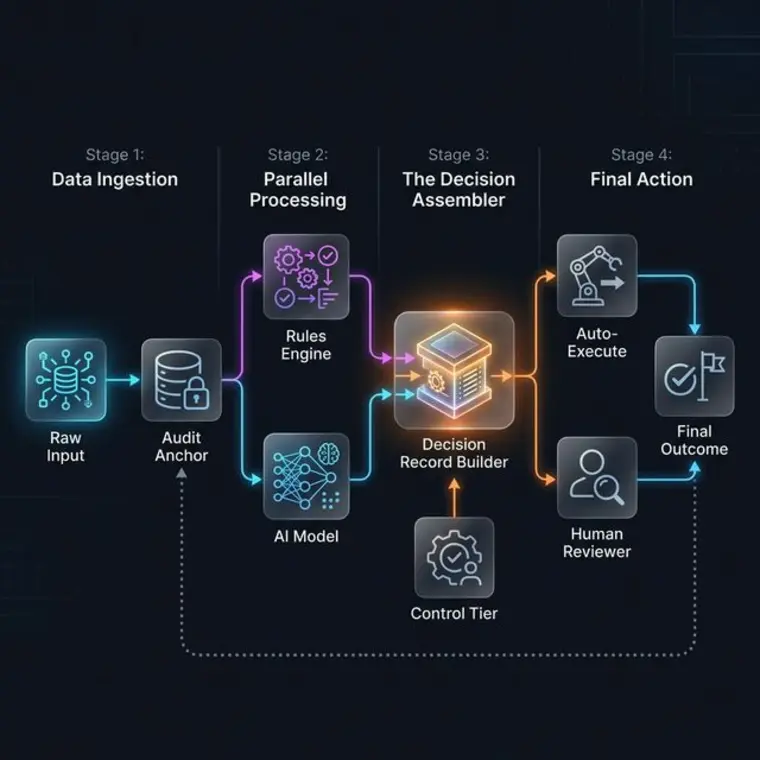 The Decision Assembler Flow: A high-fidelity diagram showing the 4-stage journey from Data Ingestion to Final Outcome, featuring the central Decision Record Builder and the record-based replay loop.