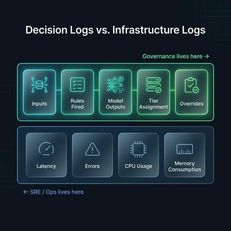 Technical Stack Comparison: Decision Logs (Governance) sit above Infrastructure Logs (SRE / Ops), showing the two separate worlds of AI governance and system health monitoring