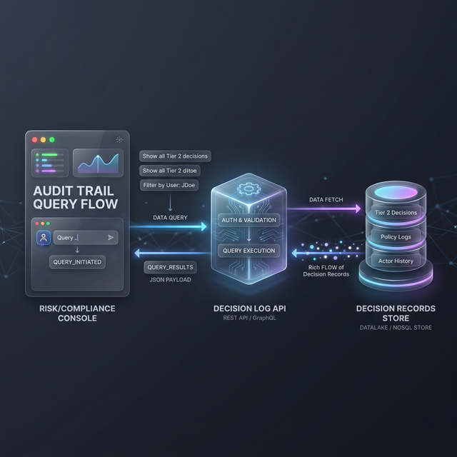 AI Audit Trail Query Flow: User interface diagram showing the path from a compliance console to individual decision records