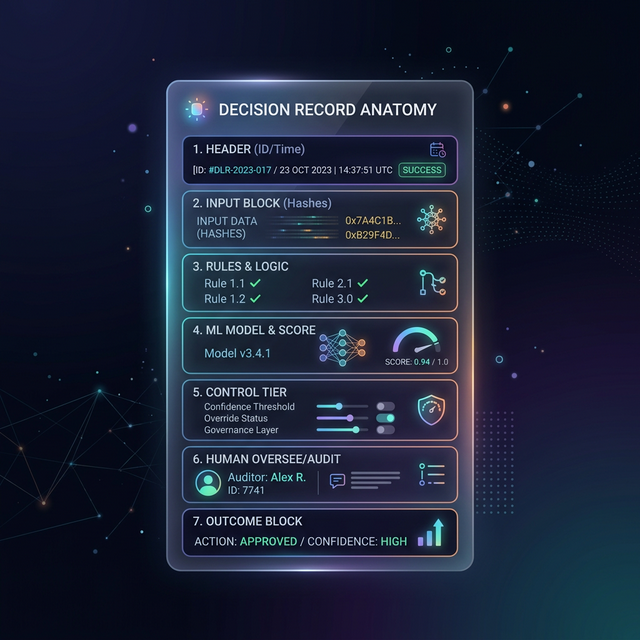 Decision Log Record Anatomy: A diagram showing the internal structure of an AI decision record, including Header, Inputs, Rules, and Model blocks