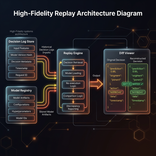 AI Replay Architecture: Block diagram showing how a Replay Engine uses a Model Registry and Decision Log Store to recreate past outcomes