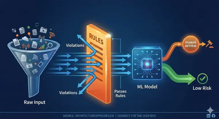 Conservative AI Orchestration Flow: A sequential pattern from rule filtering to model ranking and human escalation