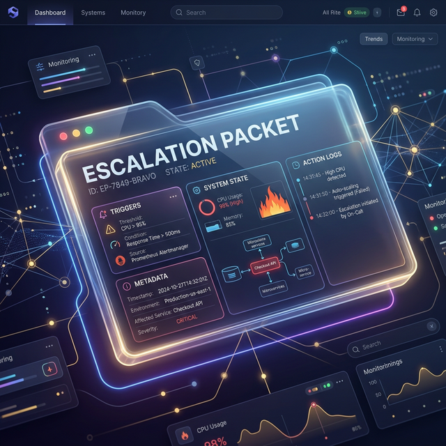 AI Escalation Packet Anatomy: The data structure required for efficient human intervention, including triggers, state, and logs