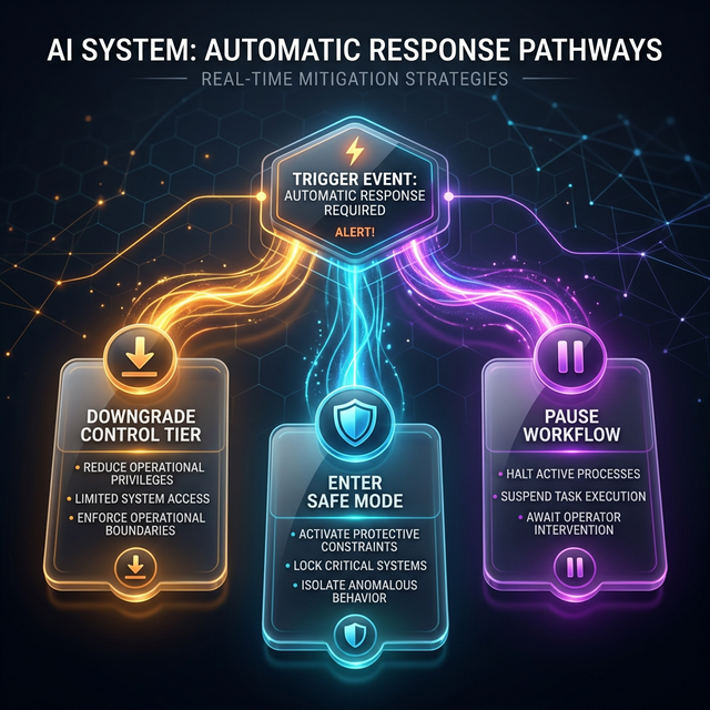 AI Automatic Response Paths: Pre-defined safety moves including Tier Downgrade, Safe Mode, and Workflow Pausing
