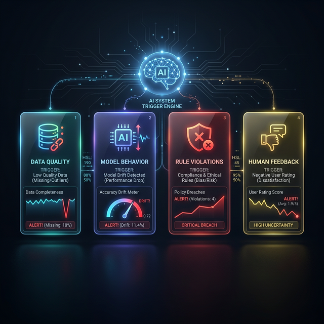AI Escalation Triggers: A diagram showing Data Quality, Model Behavior, Rule Violations, and Human Feedback triggers
