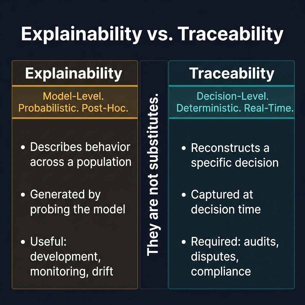 Explainability vs Traceability: A split diagram showing Explainability on the left (model-level, probabilistic, post-hoc) describing behavior, and Traceability on the right (decision-level, deterministic, real-time) reconstructing a specific event. Center label: "They are not substitutes."