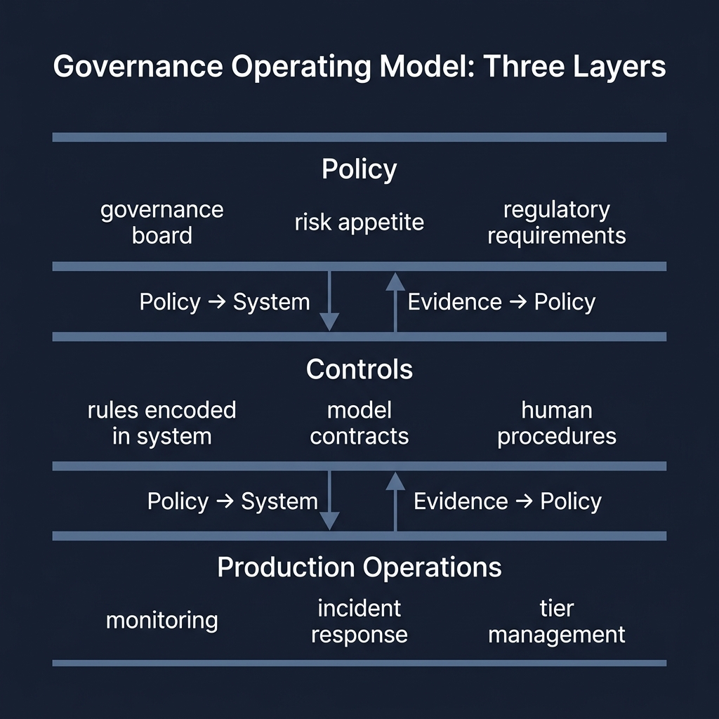 Governance Operating Model: Three Layers — Policy, Controls, and Production Operations, with bidirectional flows labeled Policy → System and Evidence → Policy