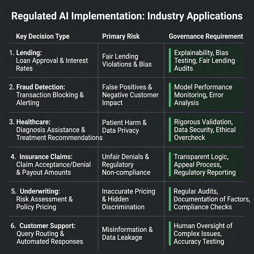 Regulated AI Implementation: Industry Applications — a table showing six domains with their key decision type, primary governance risk, and required governance controls