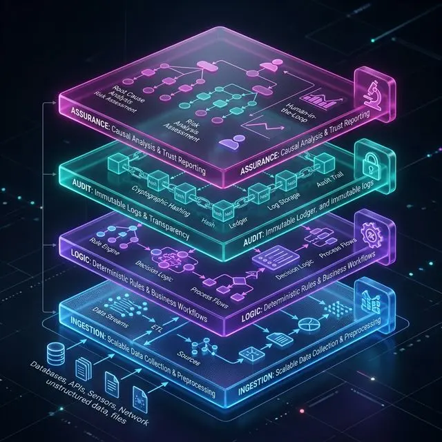 Proof Infrastructure Stack: An architectural diagram showing the layers of an AI Proof Stack, from Ingestion and Rules to Model Pedigree and Human Override