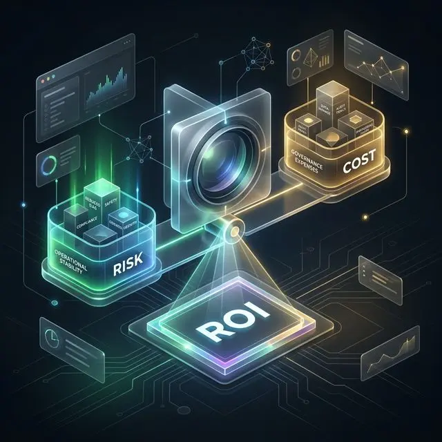 The Director's ROI Lens: A glassmorphism-style diagram showing the balance between Risk Reduction and Proof Infrastructure Cost, illustrating the 'Defensible ROI' zone